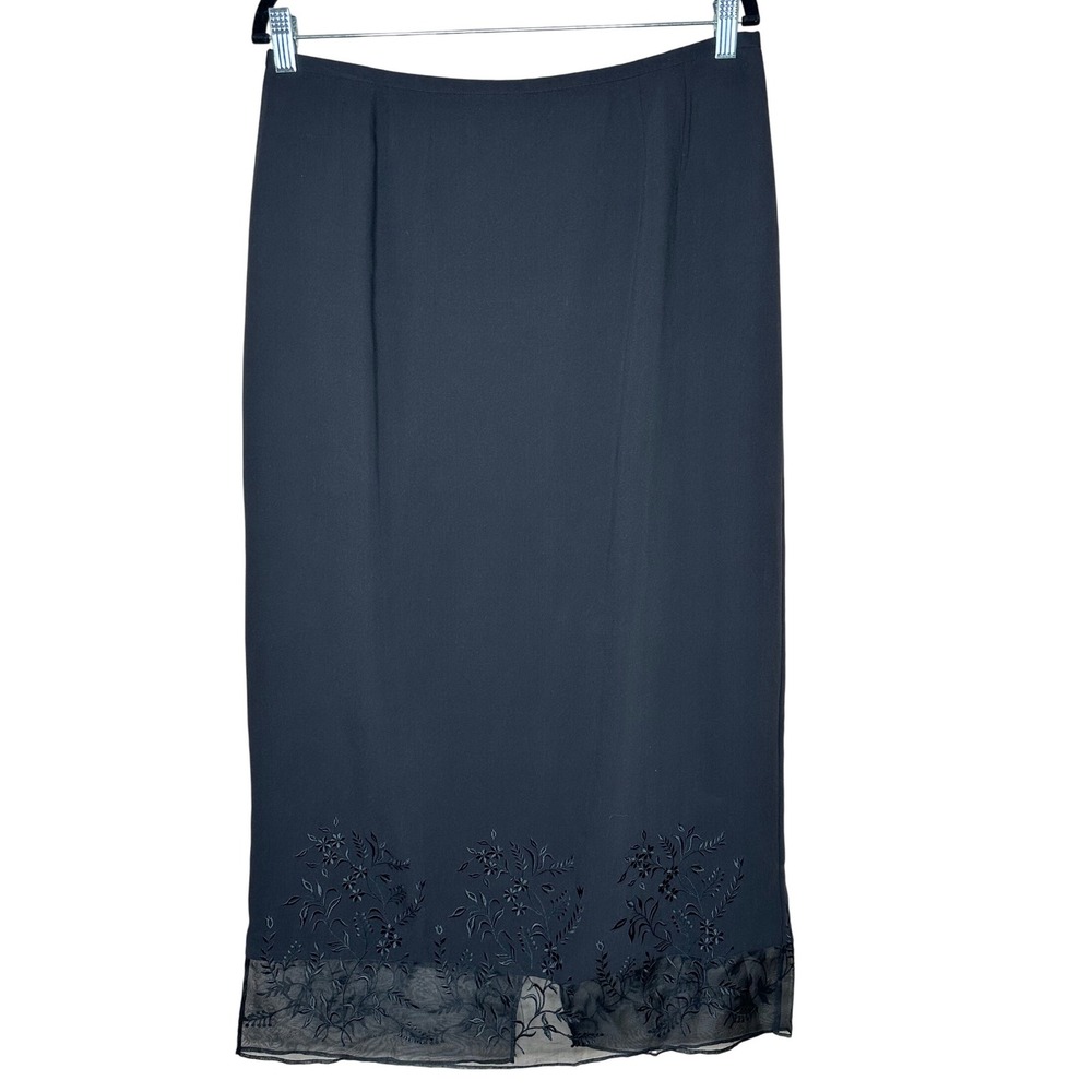Talbots VTG 100% Pure‎ Silk Black Skirt Floral Embroidered Women's 14 Whimsical